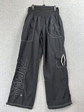 Zumba Wear Black Cargo Dance Pants Wide Leg Reflective Trim Women's Medium